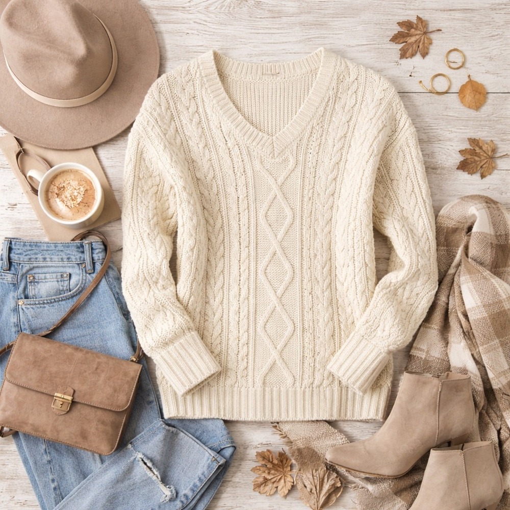 Cream Cable Knit Sweater Cozy Layering  Cottagecore Vibes‎ Neutral L (12–14)